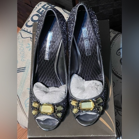 Enzo ANGIOLINI GREY GLITTER Peep Toe Pump EAMAIDEN PEWTR W Gold Stone Sz 8.5 - Picture 3 of 8